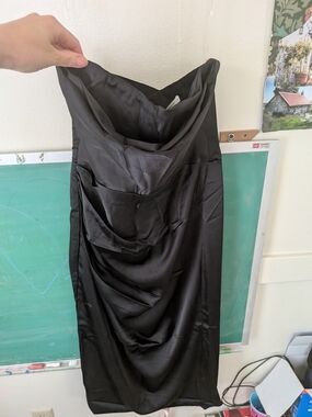 House of CB Black Strapless Satin Draped Midi Dress Santana